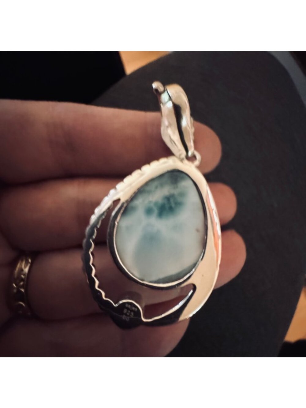 SAJEN Sterling Silver 925 Large Larimar & Pearl Bezel Set Pendant Size 2.25" - Picture 4 of 7